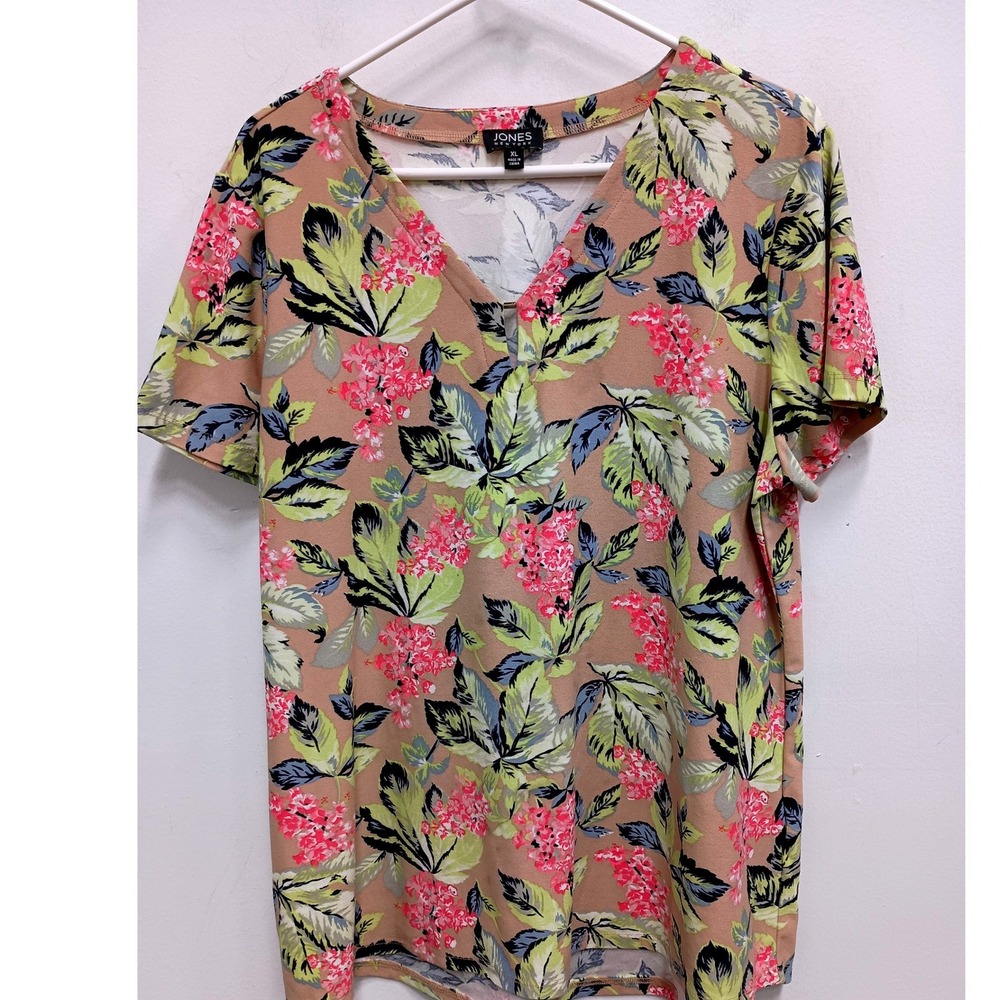 Jones New York Womens Top XL Floral Tropical Leaf Print Split V-Neck Tan Pink